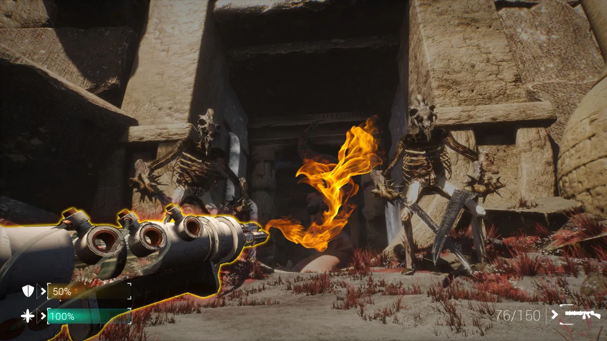First-person combat with a flame weapon in an ancient stone city